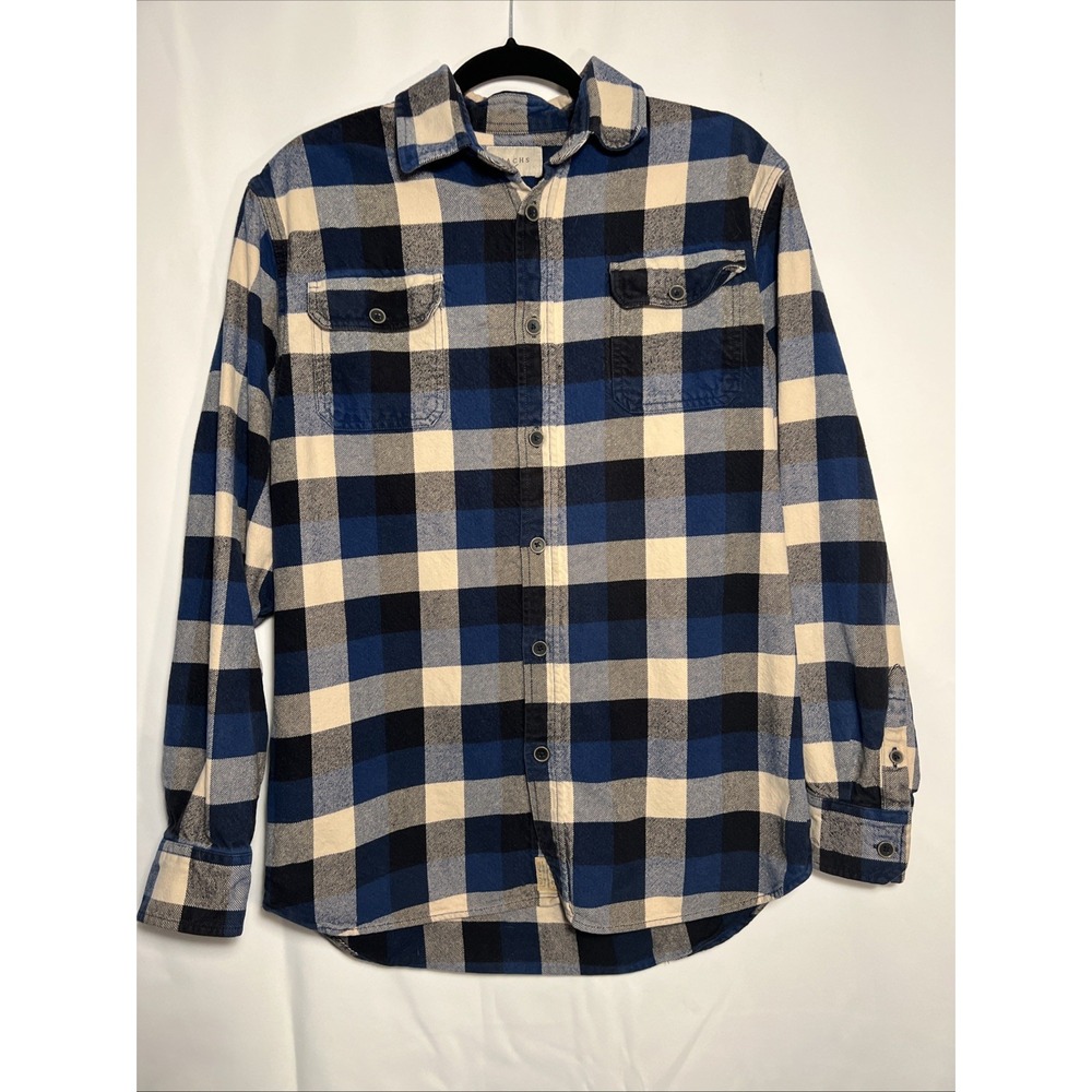 Jacks Mens Medium Heritage Blue Plaid Flannel Button Up Shirt Heavy Duty Cotton